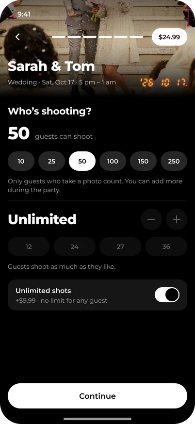 The Who’s shooting? screen of the Aside app, with 50 guests and Unlimited shots